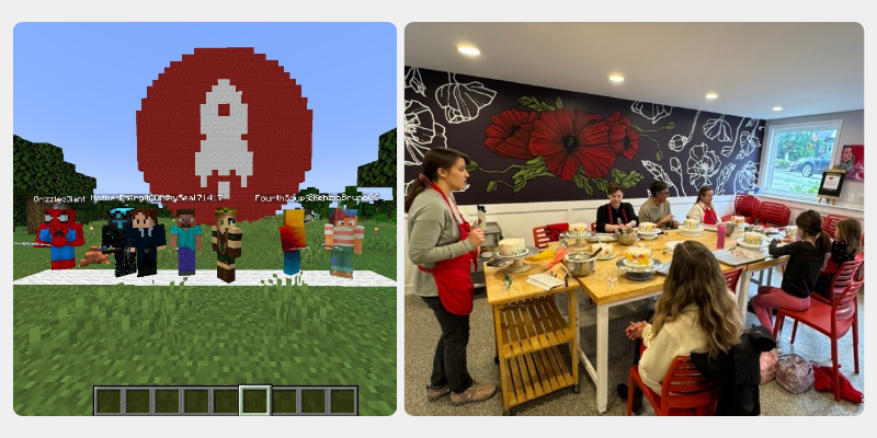 Minecraft characters on the left, girls enjoying a meal on the right